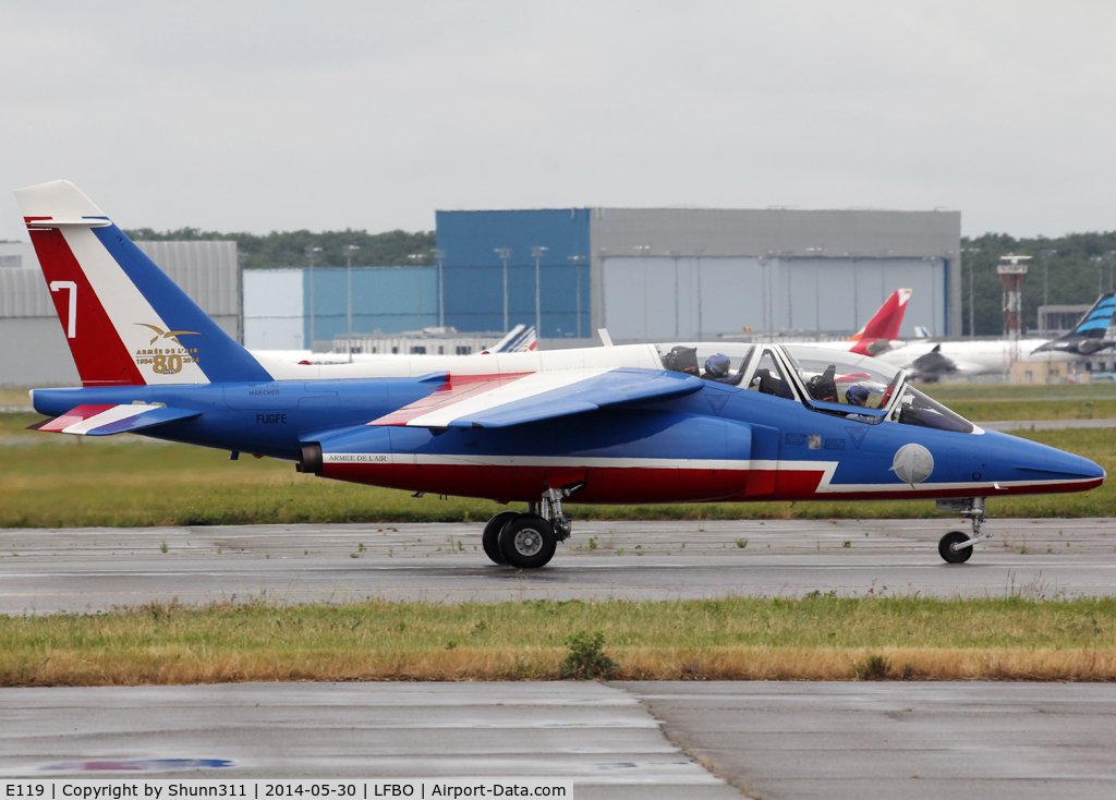E119, Dassault-Dornier Alpha Jet E C/N E119, Taxiing to the General Aviation area... Participant of the Muret AirExpo Airshow 2014... Additional 80th anniversary patch...