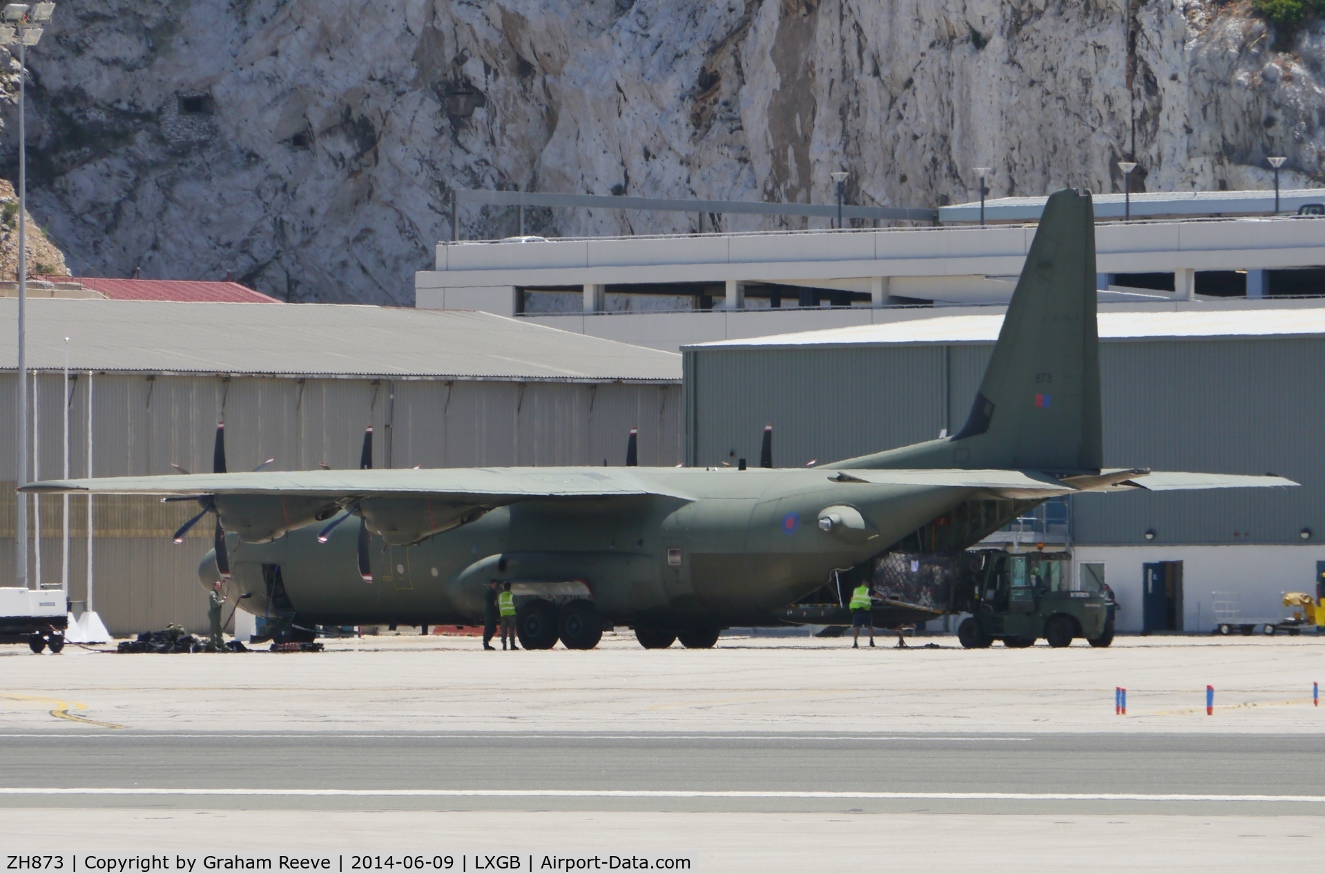 ZH873, 1997 Lockheed Martin C-130J-30 Hercules C.4 C/N 382-5457, Parked at Gibraltar.