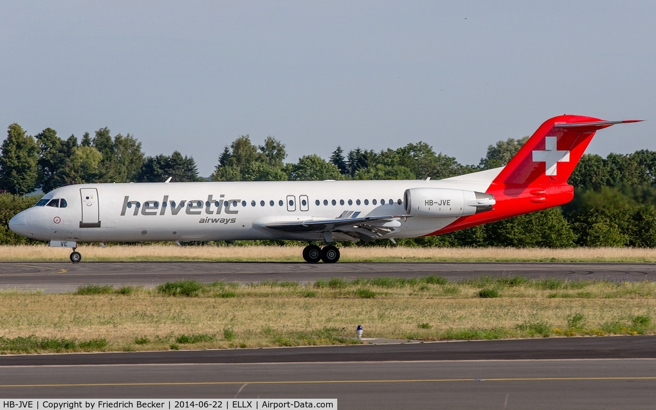 HB-JVE, 1993 Fokker 100 (F-28-0100) C/N 11459, decelerating after touchdown