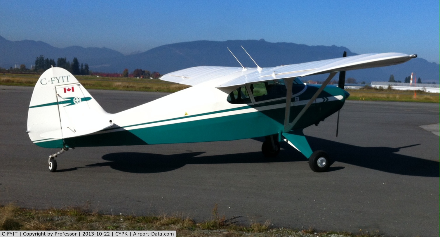 C-FYIT, 1950 Piper PA-20 Pacer C/N 20-356, Ready for October flight around Pitt Meadows B.C.  Early model Piper Pacer. Up graded with Lycoming 0-320. Look closely...no flaps.