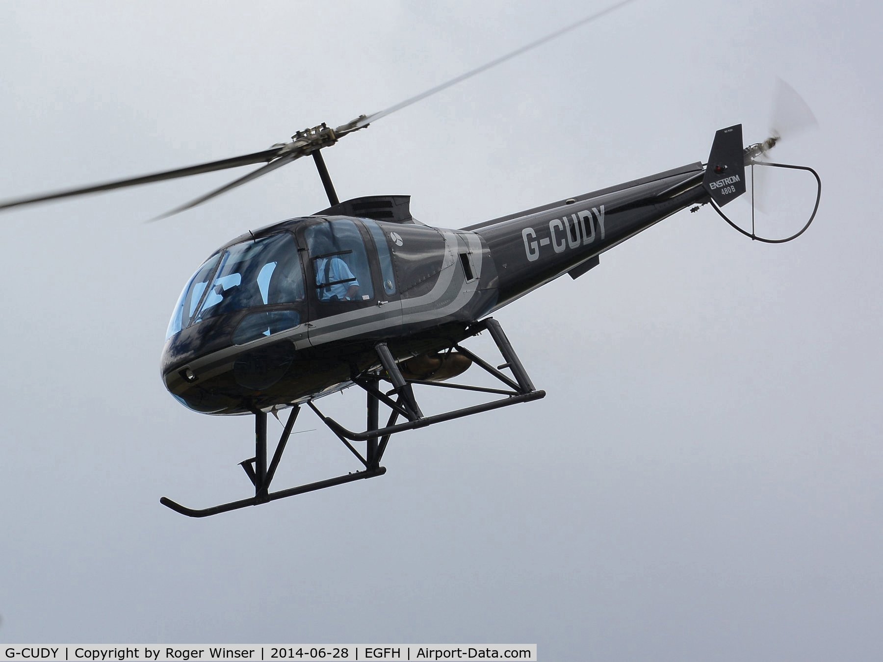 G-CUDY, 2005 Enstrom 480B C/N 5807, Visiting helicopter departing the airport.