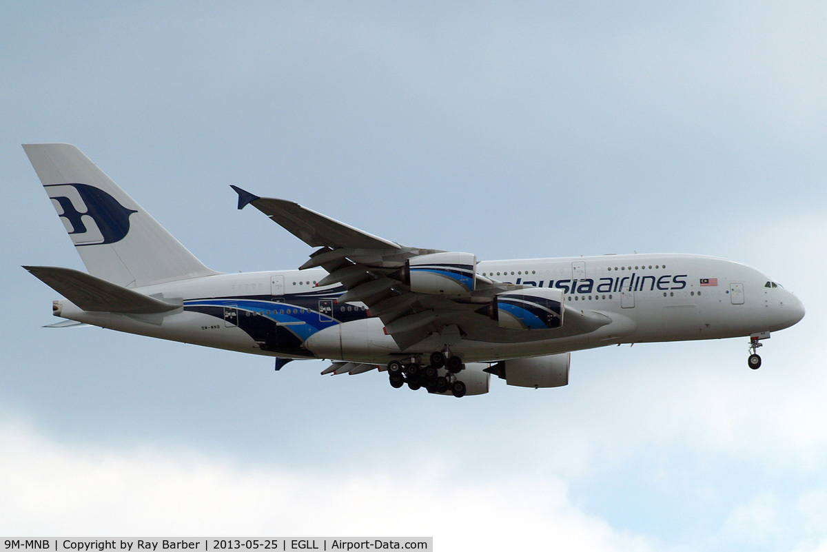 9M-MNB, 2012 Airbus A380-841 C/N 081, Airbus A380-841 [081] (Malaysia Airlines) Home~G 25/05/2013. On approach 27L.