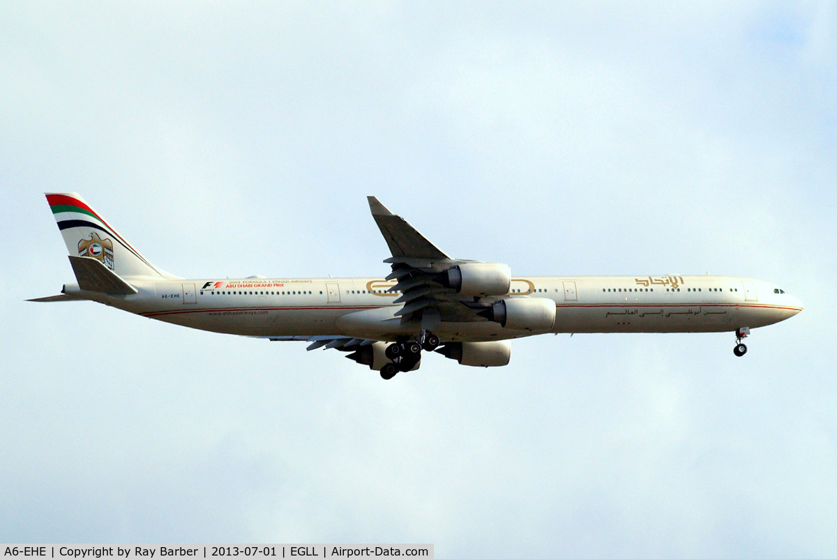 A6-EHE, 2007 Airbus A340-642X C/N 829, Airbus A340-642X [829] (Etihad Airways) Home~G 01/07/2013. On approach 27L.