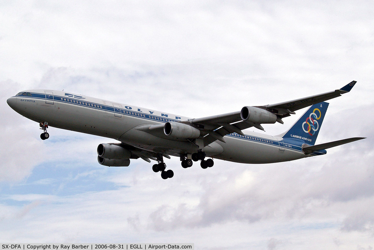 SX-DFA, 1999 Airbus A340-313 C/N 235, Airbus A340-313X [235] (Olympic Airways) Heathrow~G 31/08/2006. On finals 27L.