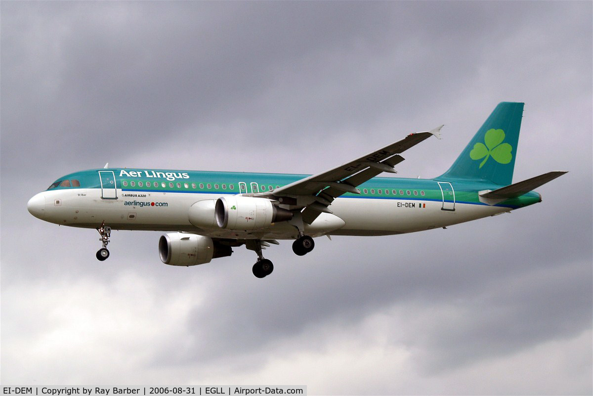 EI-DEM, 2005 Airbus A320-214 C/N 2411, Airbus A320-214 [2411] (Aer Lingus) Heathrow~G 31/08/2006. On finals 27L.