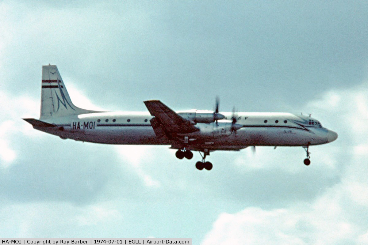 HA-MOI, Ilyushin Il-18D C/N 187010002, HA-MOI   Ilyushin Il-18D [187010002] (Malev) Heathrow~G 01/07/1974. On finals 28R. Date approximate. Taken from a slide.