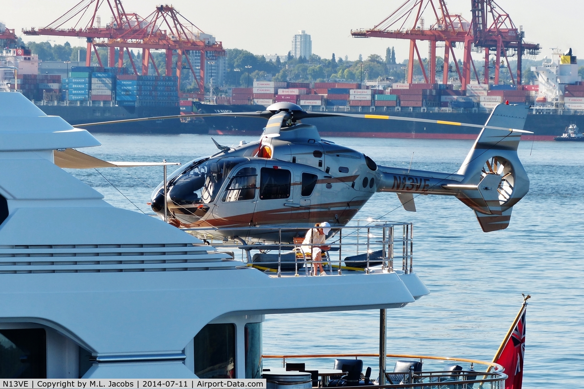 N13VE, 2018 Eurocopter EC-135T-2+ C/N 0735, Aboard the yacht ATTESSA moored in North Vancouver.