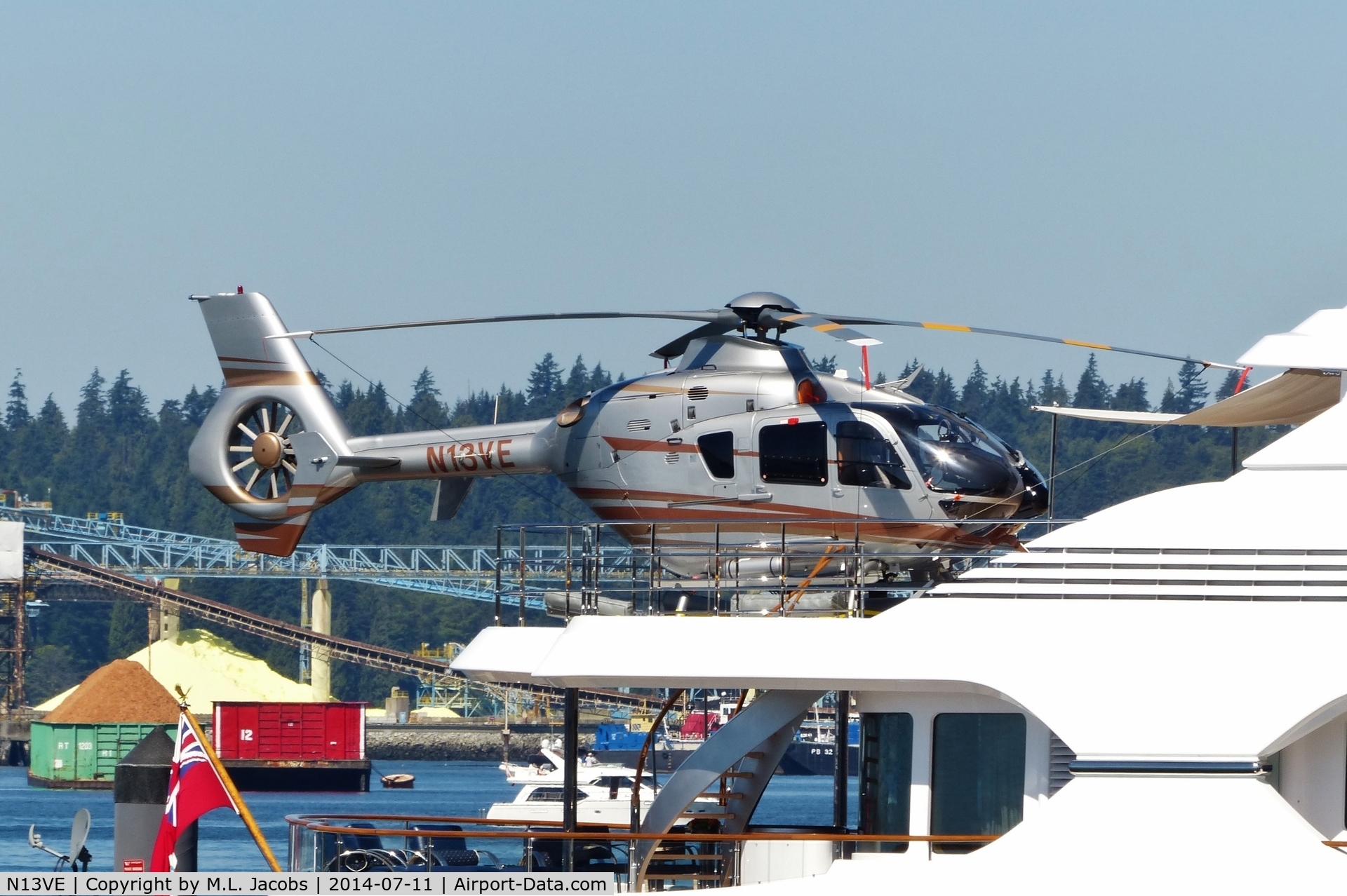 N13VE, 2018 Eurocopter EC-135T-2+ C/N 0735, Aboard the yacht ATTESSA moored in North Vancouver.