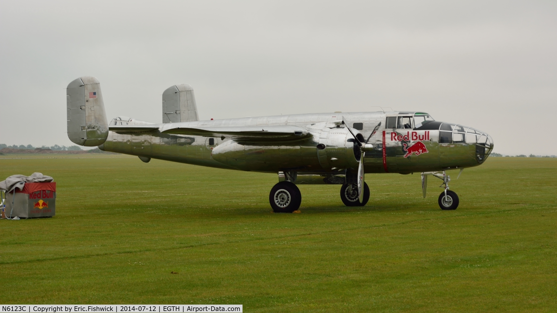 N6123C, 1945 North American B-25J-30-NC Mitchell Mitchell C/N 108-47647, 2. N6123C emerging from the mist at The Flying Legends Air Show, IWM Duxford. July,2014.