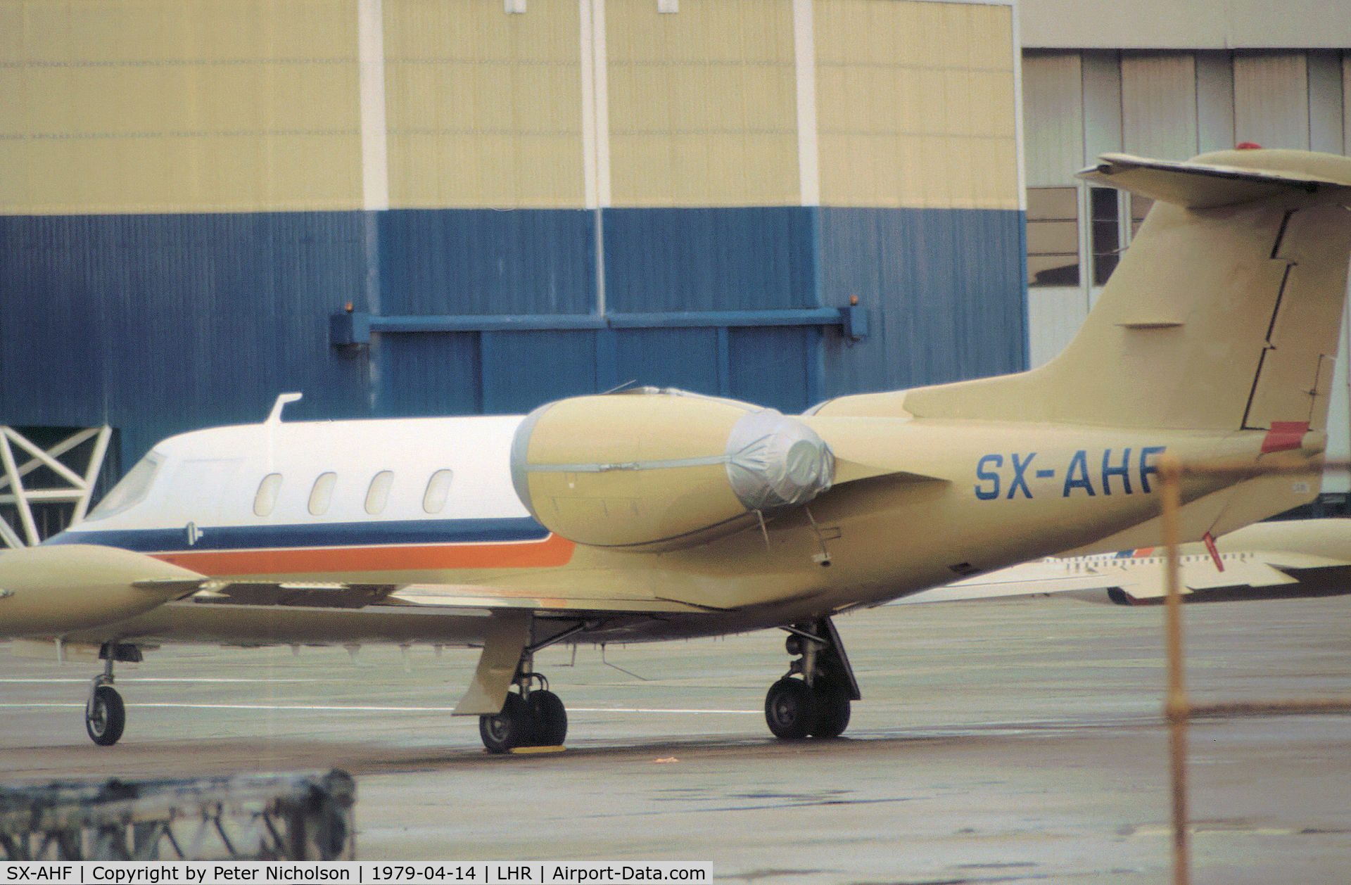 SX-AHF, 1975 Gates Learjet 36 C/N 007, Learjet 36 as seen at Heathrow in April 1979.