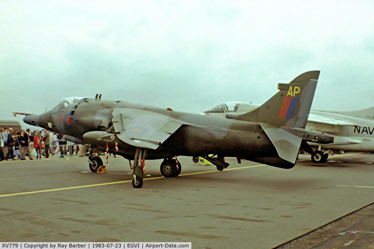 XV779, 1970 Hawker Siddeley Harrier GR.3 C/N 712029, BAe Systems Harrier GR.3 [712029] (Royal Air Force) RAF Greenham Common~G 23/07/1983. From a slide.