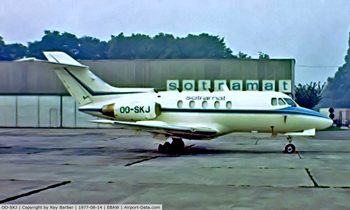 OO-SKJ, 1966 Hawker Siddeley HS.125 Series 1B/522 C/N 25089, Hawker Siddeley HS.125-1B/522 [25089] (Sotramat) Antwerp-Deurne~OO 14/08/1977. From a slide.