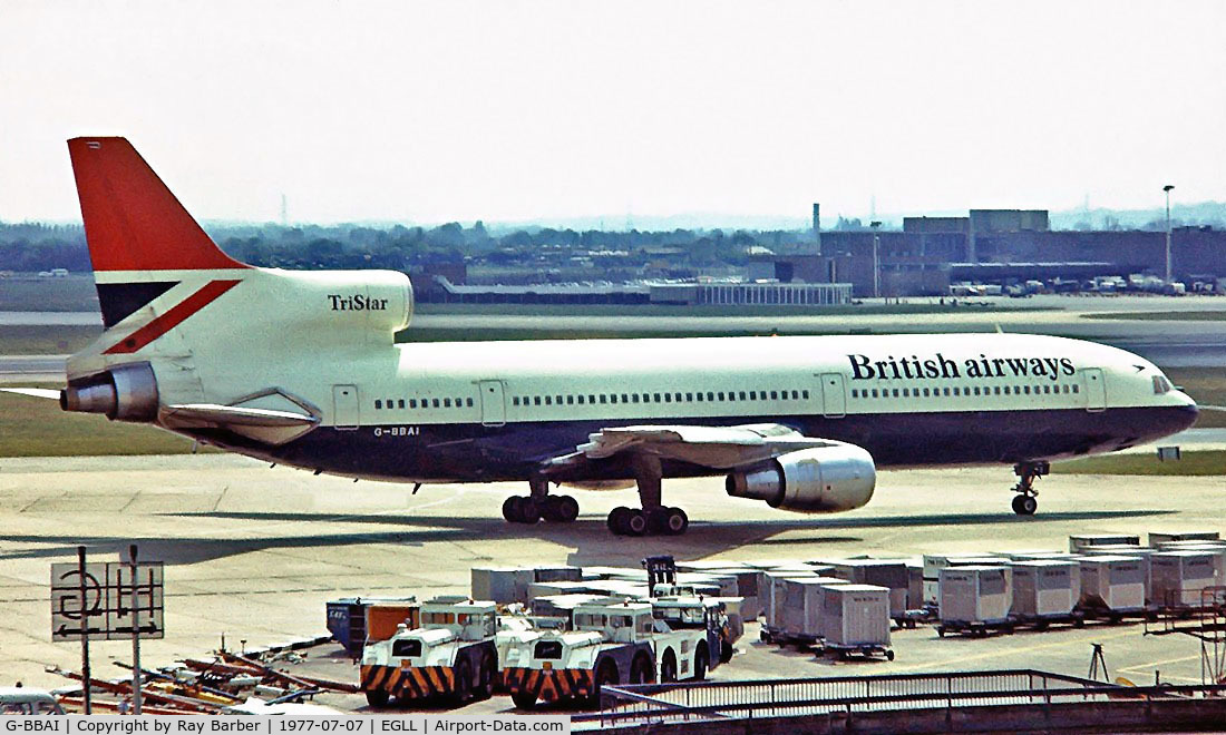 G-BBAI, 1974 Lockheed L-1011-385-1 TriStar 1 C/N 193N-1102, Lockheed L-1011 TriStar 1 [1102] (British Airways) Heathrow~G 07/07/1977. From a slide.