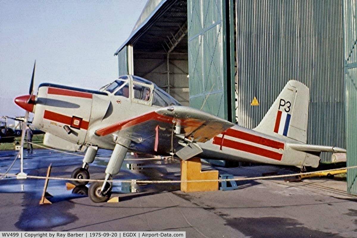 WV499, 1953 Percival P-56 Provost T.1 C/N PAC/F/062, Percival P.56 Provost T.1 [PAC/F/062] (Royal Air Force) RAF St. Athan~G 20/09/1975. From a slide.