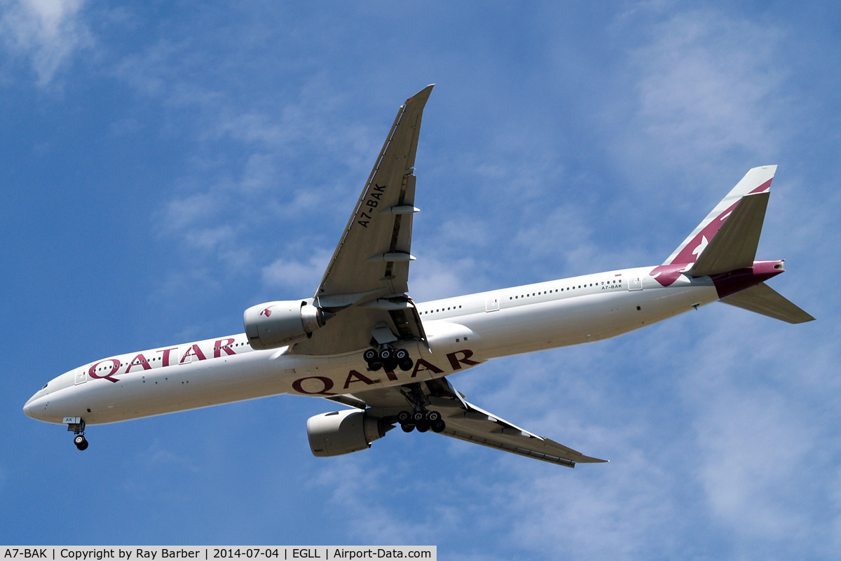A7-BAK, 2010 Boeing 777-3DZ/ER C/N 36097, Boeing 777-3DZER [36097] (Qatar Airways) Home~G 04/07/2014. On approach 27R.