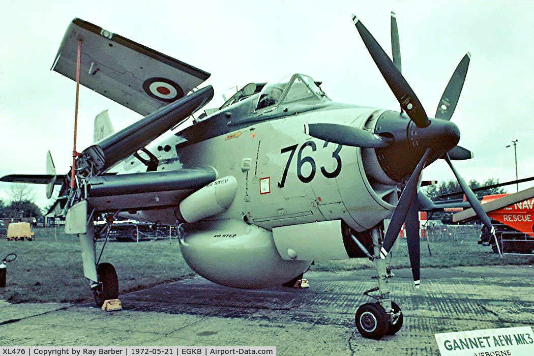 XL476, 1960 Fairey Gannet AEW.3 C/N F9445, Fairey Gannet AEW.3 [F.9445] (Royal Navy) Biggin Hill~G 21/05/1972. From a slide.