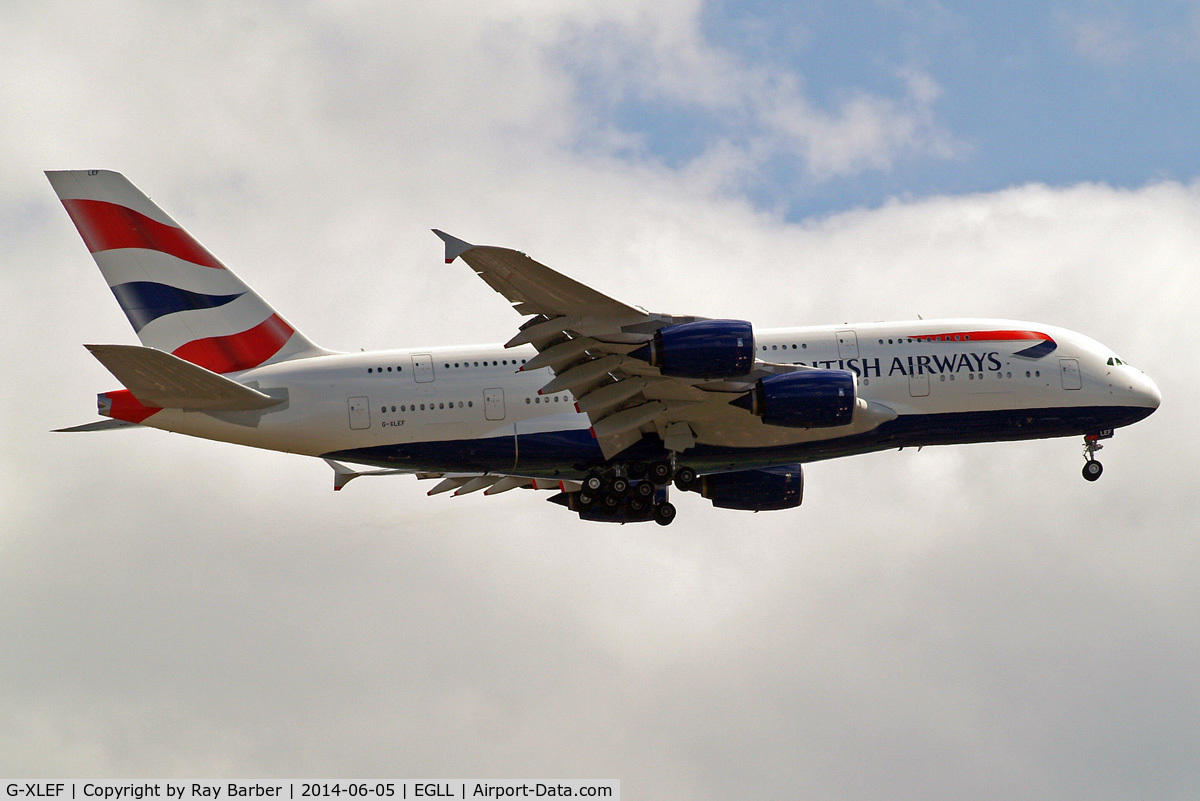 G-XLEF, 2013 Airbus A380-841 C/N 151, Airbus A380-841 [151] (British Airways) Home~G 05/06/2014 On approach 27L.