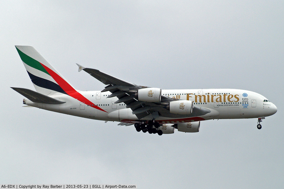 A6-EDX, 2012 Airbus A380-861 C/N 105, Airbus A380-861 [105] (Emirates Airlines) Home~G 23/05/2013. On approach 27L. Now with 