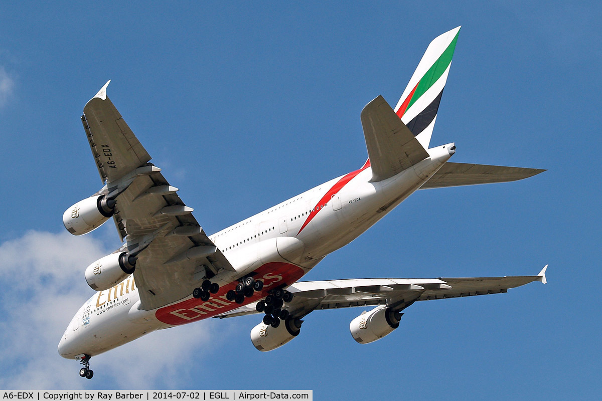A6-EDX, 2012 Airbus A380-861 C/N 105, Airbus A380-861 [105] (Emirates Airlines) Home~G 02/07/2014 On approach 27R.