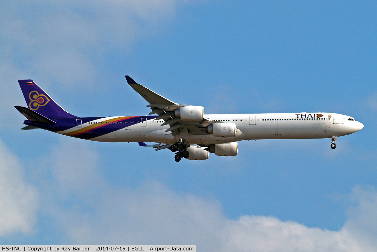 HS-TNC, 2005 Airbus A340-642 C/N 689, Airbus A340-642 [689] (Thai Airways) Home~G 15/07/2014. On approach 27L.