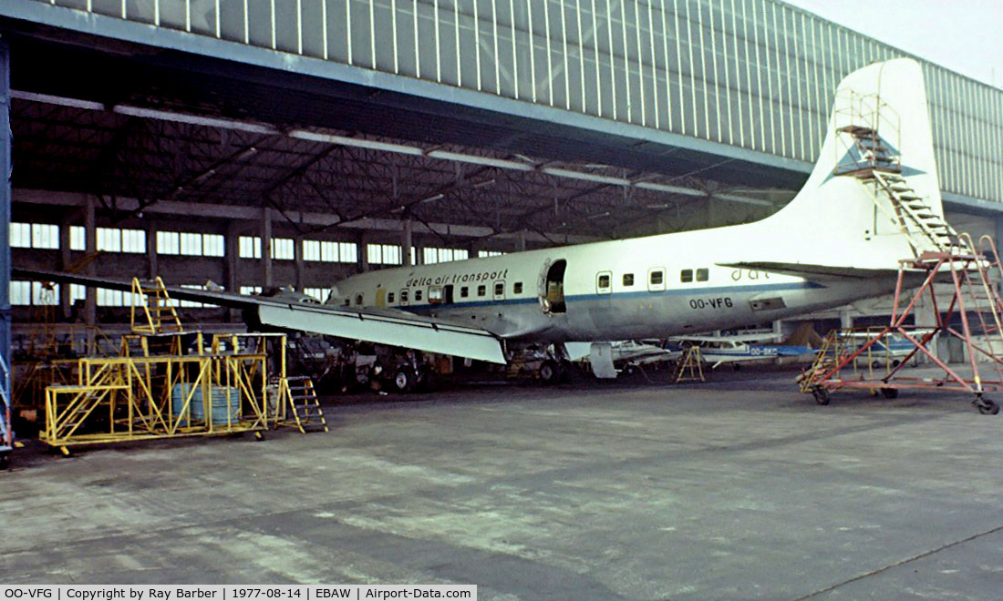 OO-VFG, 1956 Douglas DC-6B C/N 45077, Douglas DC-6B [45077] (DAT-Delta Air Transport) Antwerp-Deurne~OO  14/08/1977. From a slide.