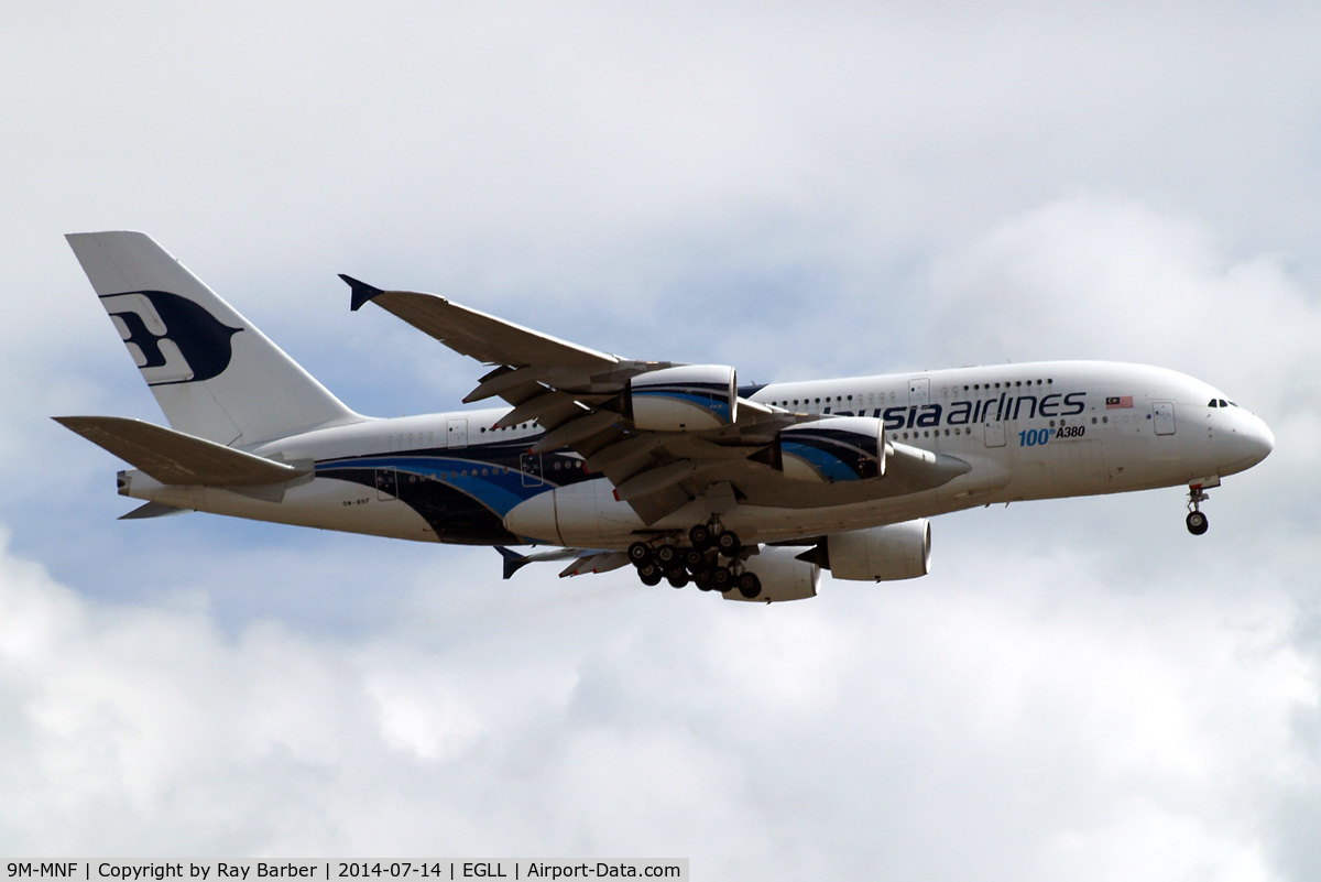 9M-MNF, 2012 Airbus A380-841 C/N 114, Airbus A380-841 [114] (Malaysia Airlines) Home~G 14/07/2014. On approach 27L.