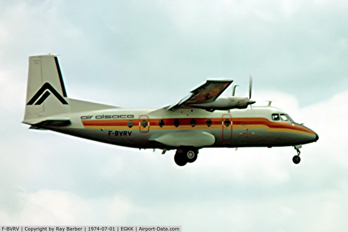 F-BVRV, 1973 Nord N-262A C/N 100, Nord 262A-45 [100] (Air Alsace) Gatwick~G 01/07/1974. From a slide