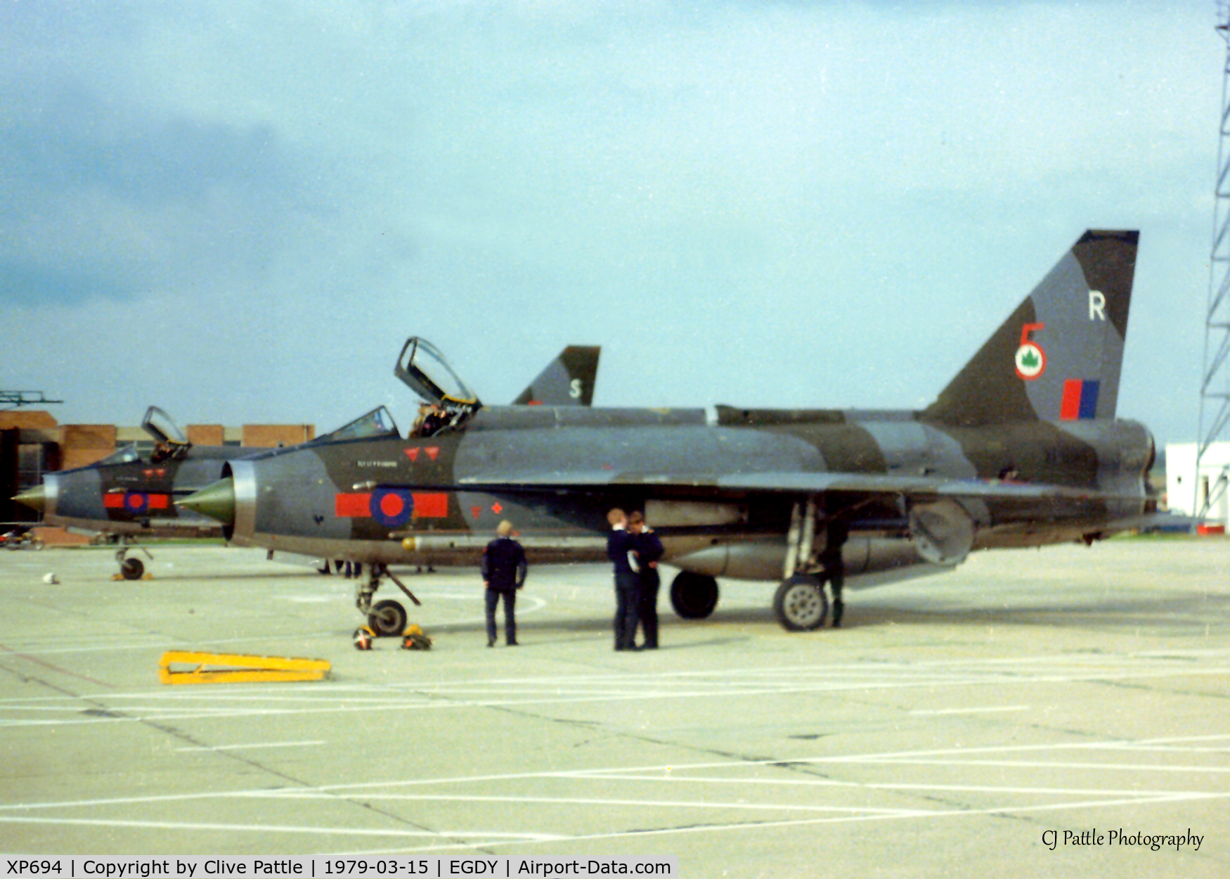 XP694, 1963 English Electric Lightning F.3 C/N 95111, Scanned from print, pictured as 'R' with 5 Sqn RAF alongside  XP751/S on the ramp at RNAS Yeovilton.