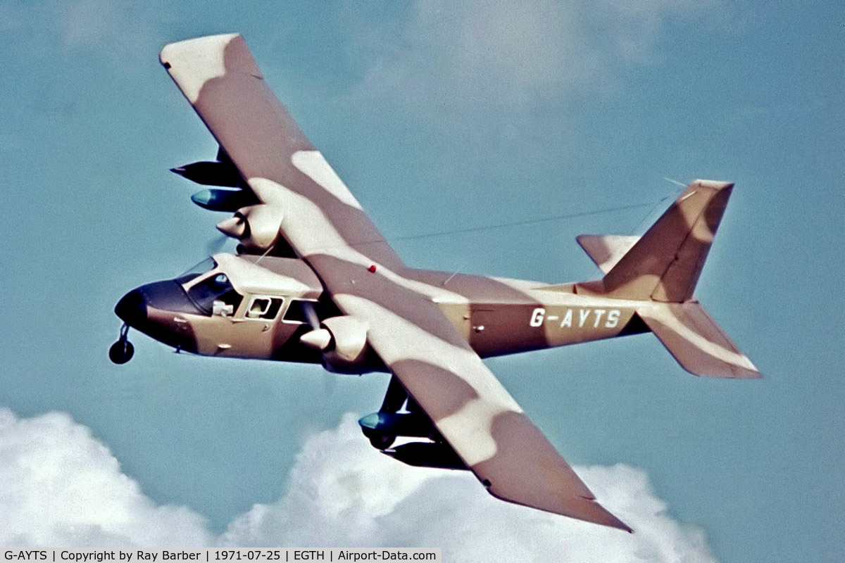 G-AYTS, 1971 Britten-Norman BN-2A-7 Islander C/N 235, G-AYTS   Britten-Norman BN-2 A-3 Defender [0235] (Britten-Norman) Old Warden~G 25/07/1971. From a slide.