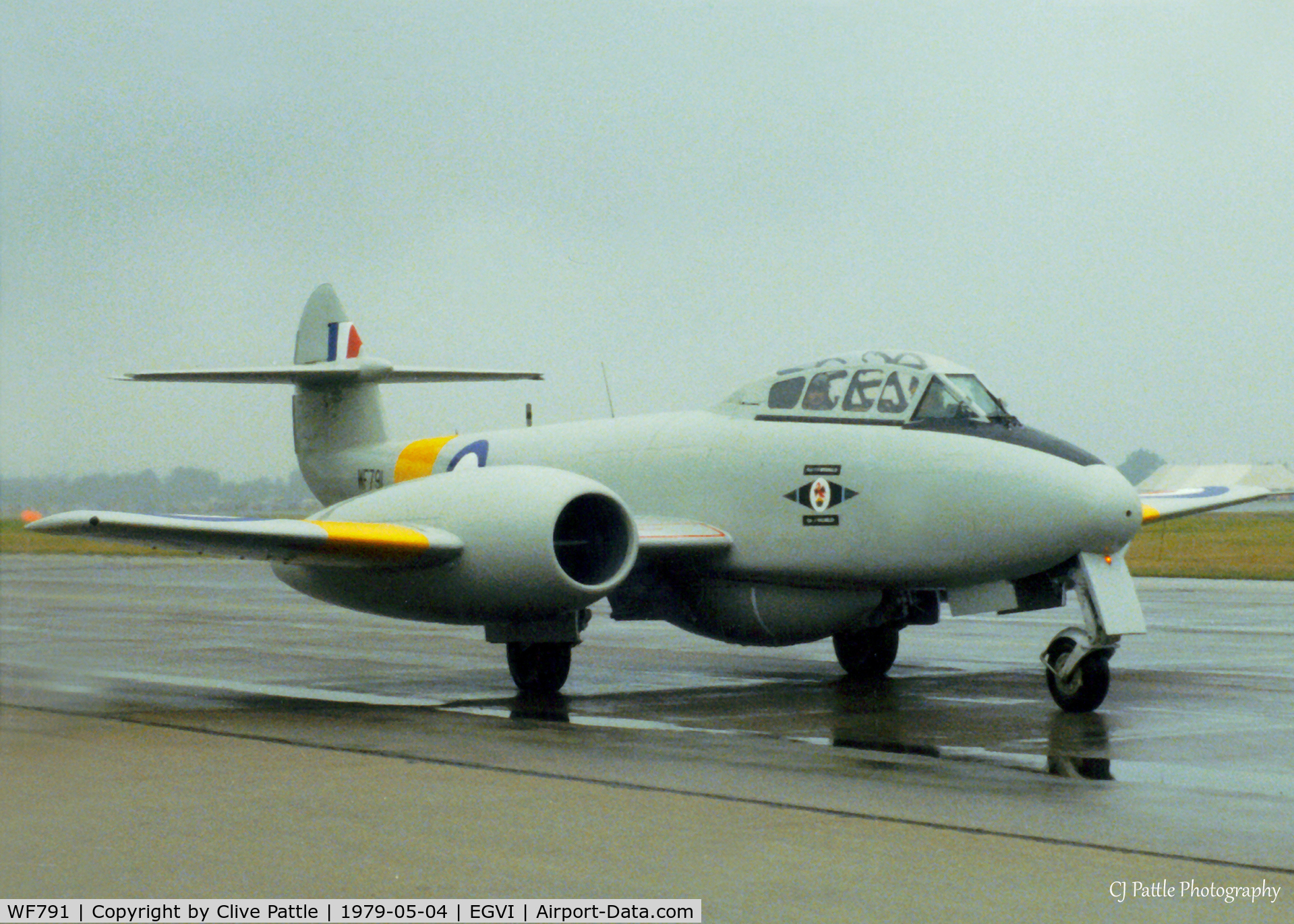 WF791, 1951 Gloster Meteor T.7 C/N 15658, Scanned from print. Meteor T.7 WF791 taxies in IAT Greenham Common '79