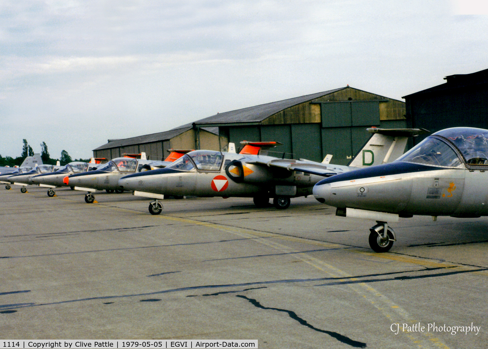 1114, Saab 105OE C/N 105414, Scanned from print, Saab J105oe D Green in a line-up of the Austrian AF Team 'Karo AS' at the IAT Greenham Common, 1979, other aircraft were(all prefix 105) 416, 428, 434, 436 and 437.