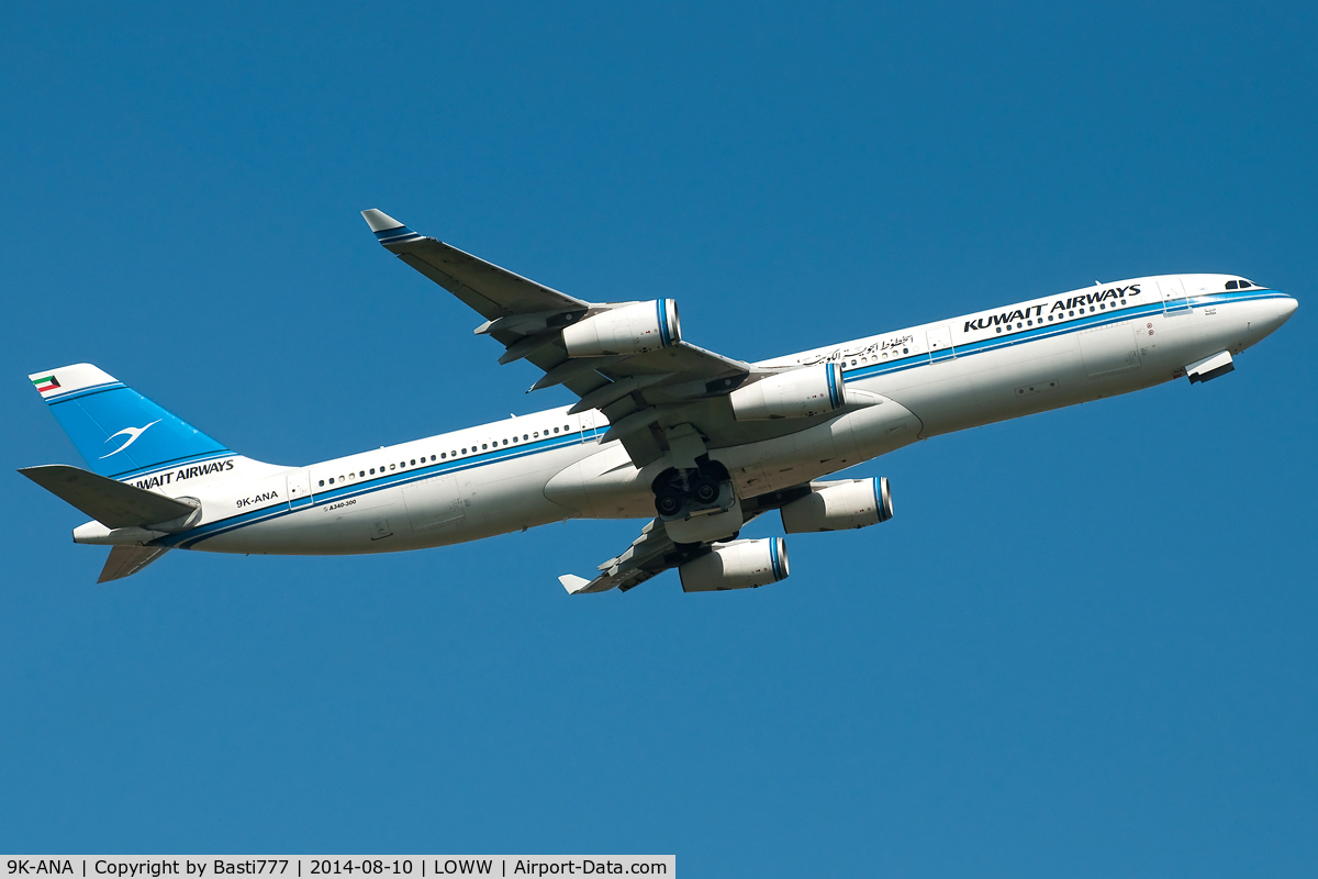 9K-ANA, 1995 Airbus A340-313 C/N 089, Kuwait Airways Airbus A340-313 depart @RWY 16 in LOWW