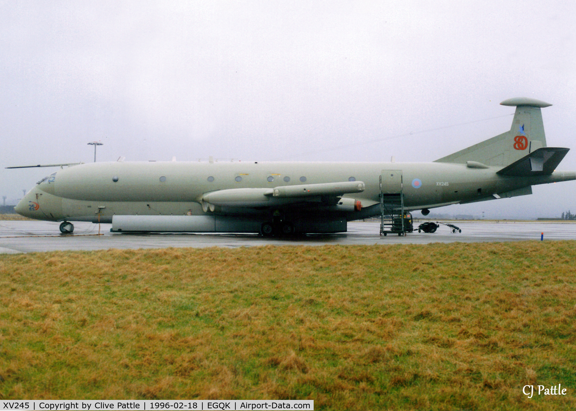 XV245, 1971 Hawker Siddeley Nimrod MR.1 (HS-801) C/N 8020, Scanned from print - Nimrod MR.2 XV245 in double  Special Anniversary Marks at RAF Kinloss in Feb '96, 25 years of Nimrod Ops and 80 years at Kinloss