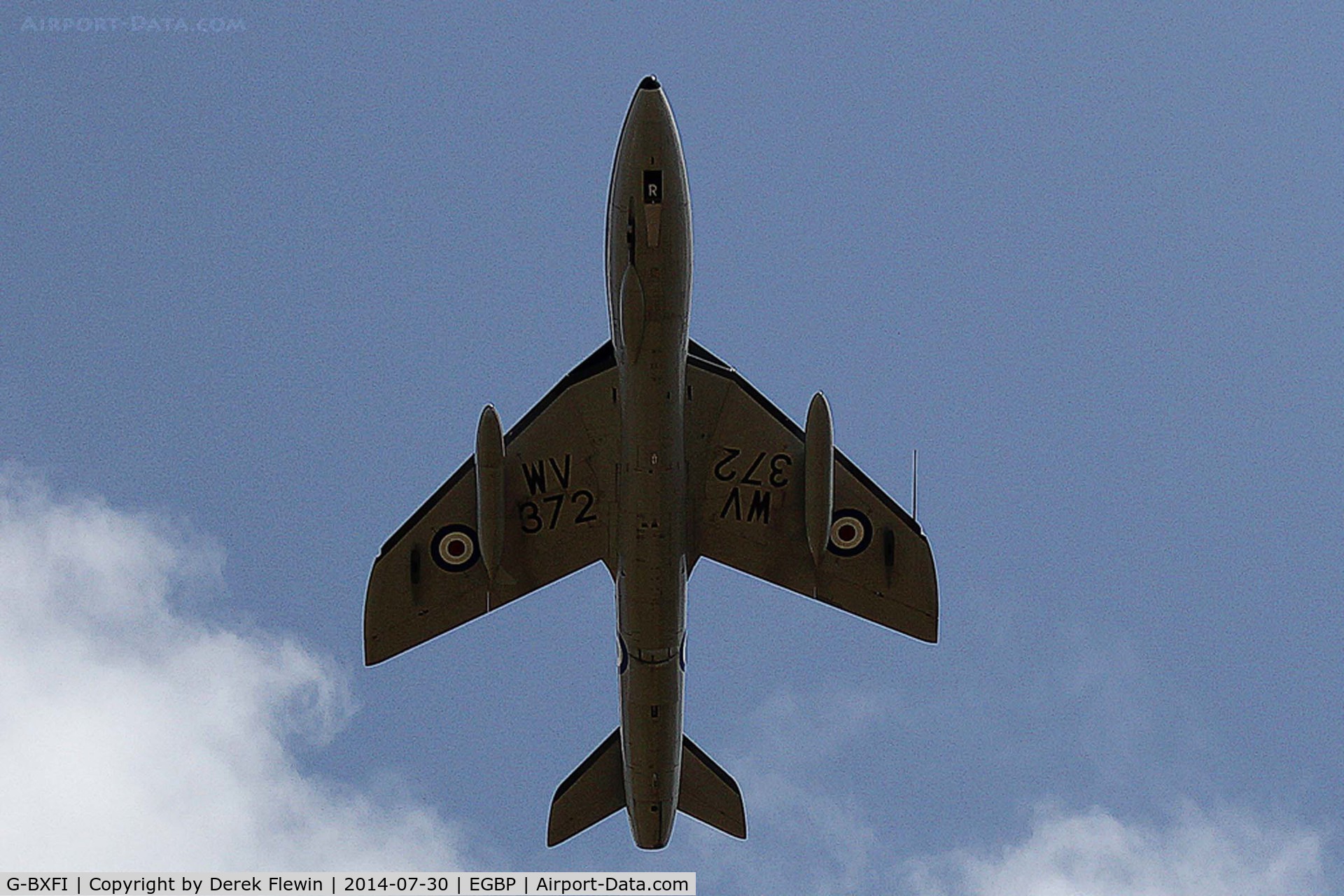 G-BXFI, 1955 Hawker Hunter T.7 C/N 41H-670818, Hunter T.7, North Weald based, previously WV372, seen in the overhead at Kemble.