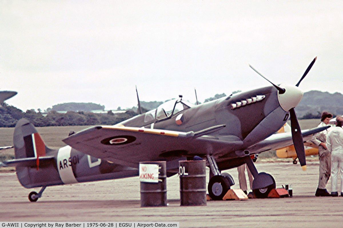 G-AWII, 1942 Supermarine 349 Spitfire LF.Vc C/N WASP/20/223, Supermarine Spitfire LF.Vc [WASP/20/223] Duxford~G 28/06/1975. From a slide.