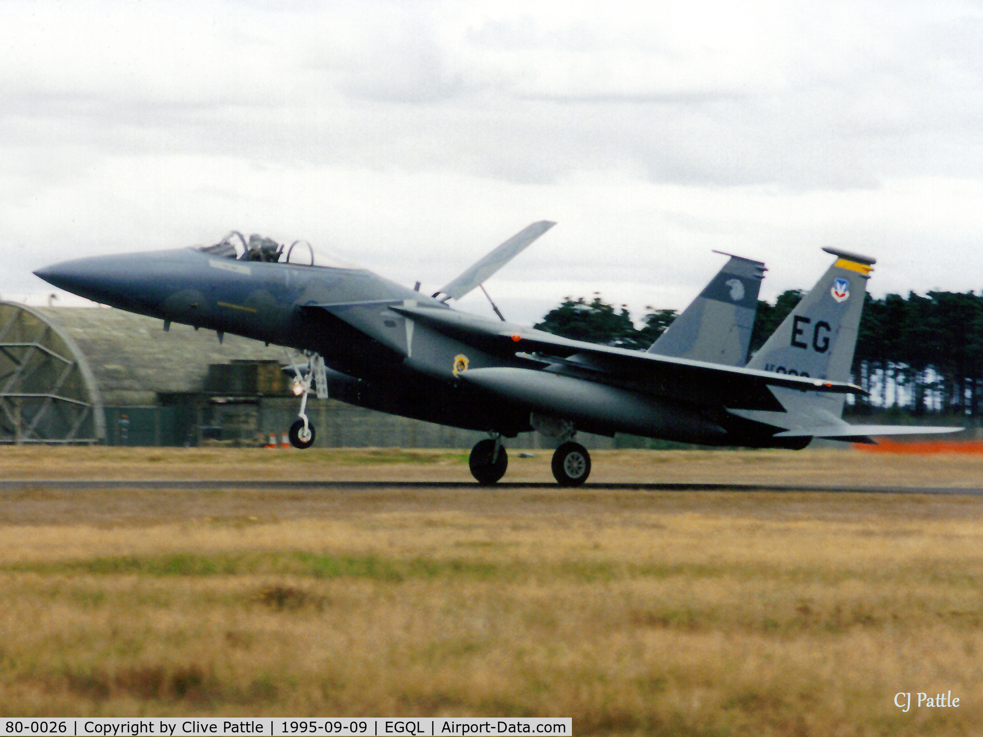 80-0026, McDonnell Douglas F-15C Eagle C/N 0672/C175, Scanned from print. F15C Eagle 80-0026 coded EG of USAF 59FS 33FW lands at RAF Leuchars for the airshow Sep '95.