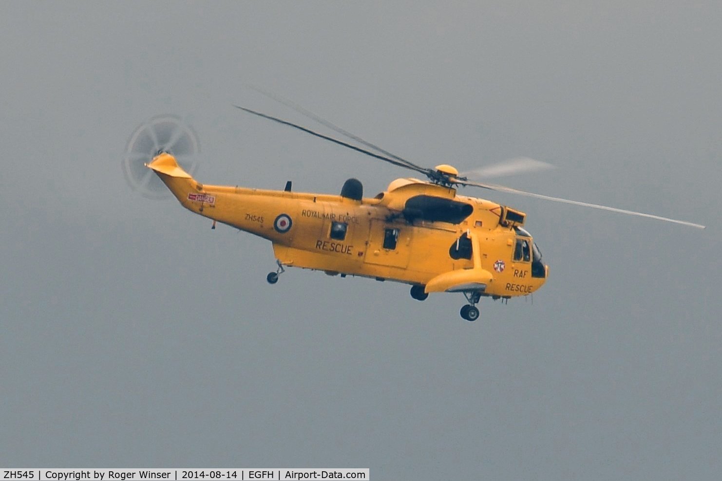 ZH545, Westland Sea King HAR.3A C/N WA1011, Visiting Sea King helicopter operated by 22 Squadron RAF departing for RMB Chivenor, Devon after taking on fuel.