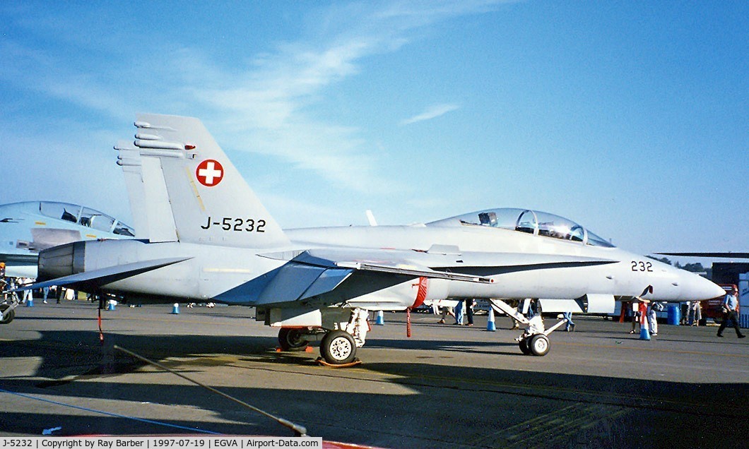J-5232, 1996 McDonnell Douglas F/A-18D Hornet C/N 1308, J-5232   McDonnell Douglas F/A-18D Hornet [SFD-02] (Swiss Air Force) RAF Fairford~G 19/07/1997