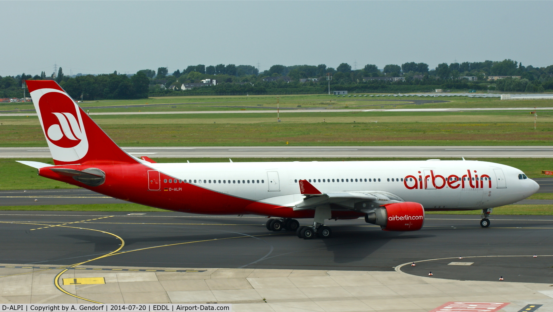 D-ALPI, 2007 Airbus A330-223 C/N 828, Air Berlin, is here taxiing to RWY 23L at Düsseldorf Int'l(EDDL)