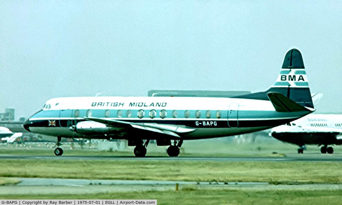 G-BAPG, 1959 Vickers Viscount 814 C/N 344, Vickers 814 Viscount [344] (British Midland Airways) Heathrow~G 01/07/1975. Date approximate from a slide.