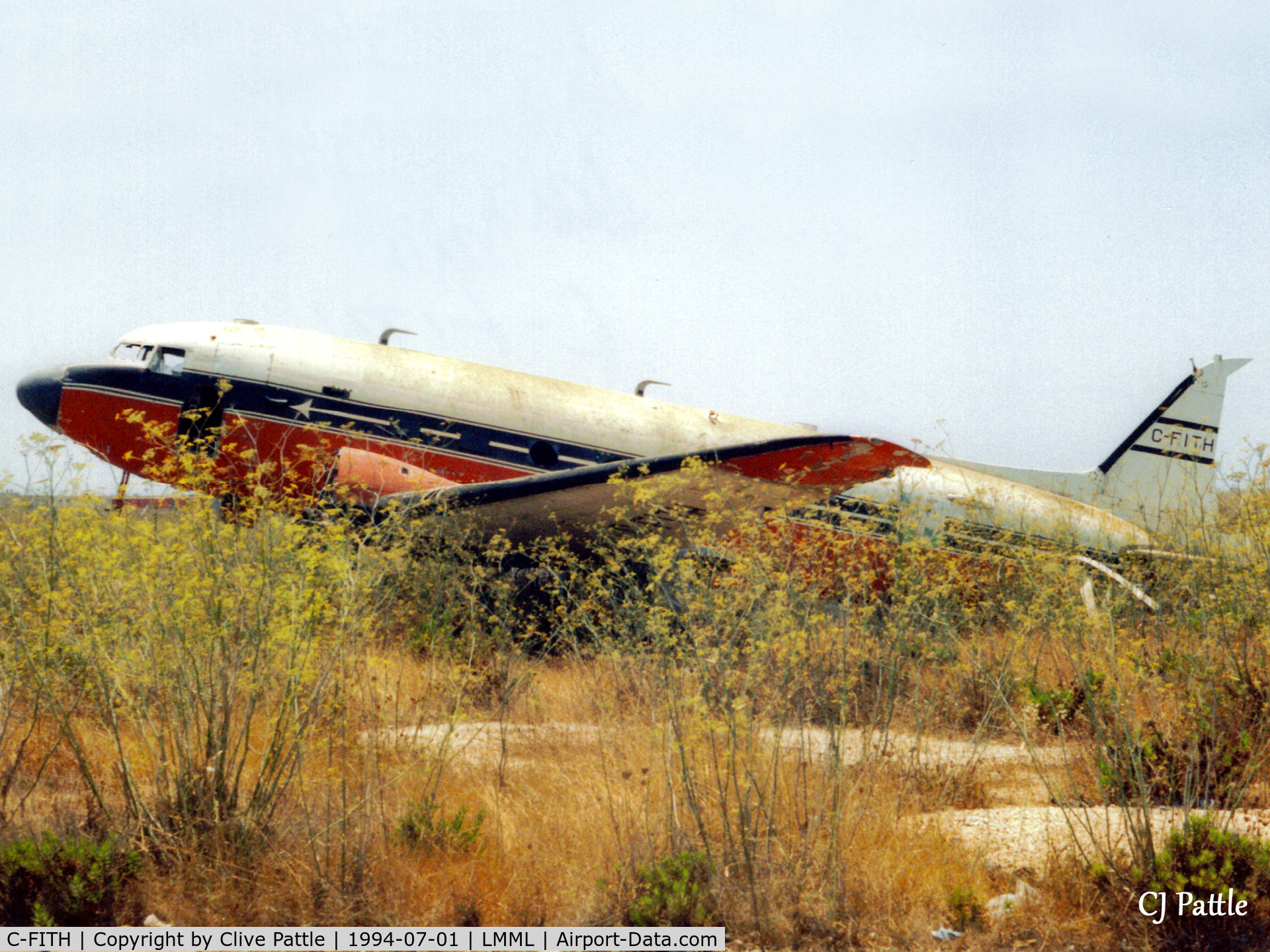 C-FITH, 1944 Douglas C-47A Skytrain C/N 20228, Scanned from print. Dakota C-FITH at the International Fire Training Centre, Hal Far (disused), Malta in '94. Later saved for preservation. ICAO LMML used for reference/search purposes only.
