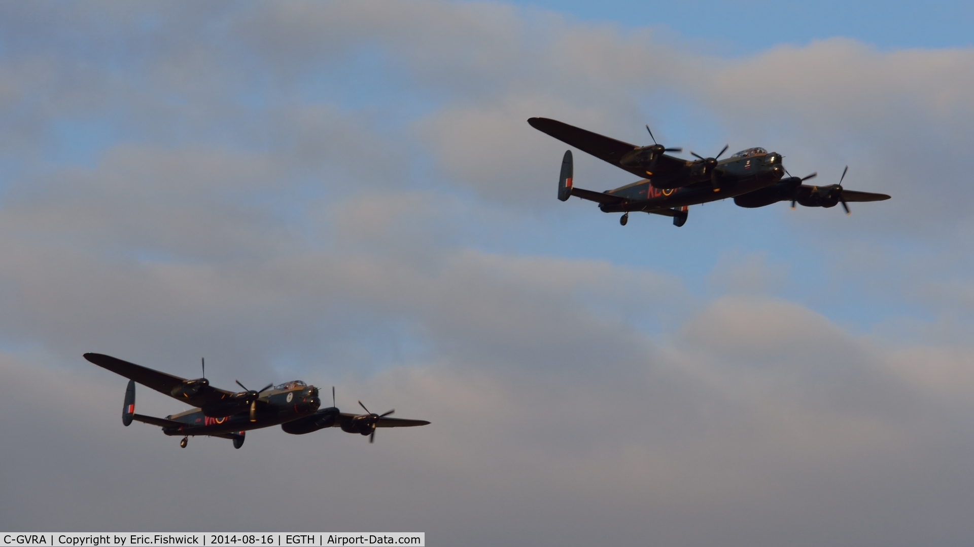 C-GVRA, 1945 Victory Aircraft Avro 683 Lancaster BX C/N FM 213 (3414), 45. C-GVRA and the BBMF Lancaster at The Shuttleworth Collection Flying Proms, Aug. 2014.