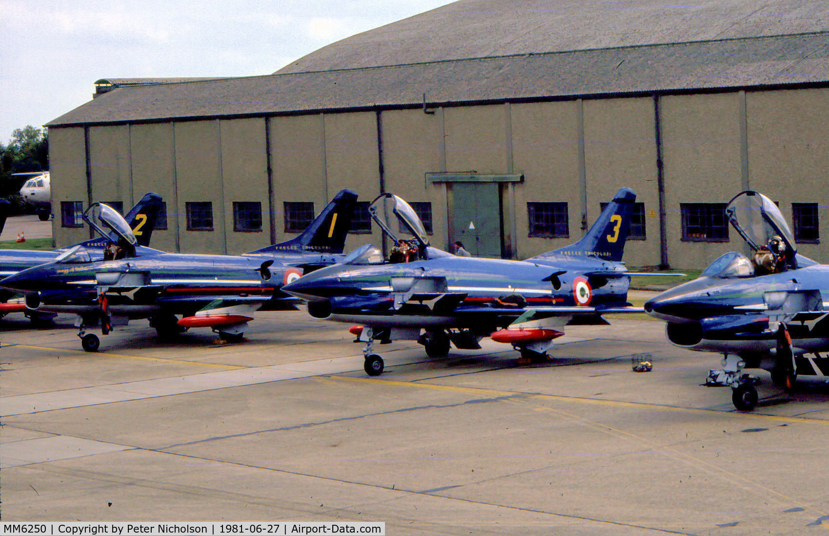 MM6250, Fiat G-91PAN C/N 16, Fiat G-91PAN number 3 of the Italian Air Force's demonstration team Frecce Tricolori at the 1981 Intn'l Air Tattoo at RAF Greenham Common.