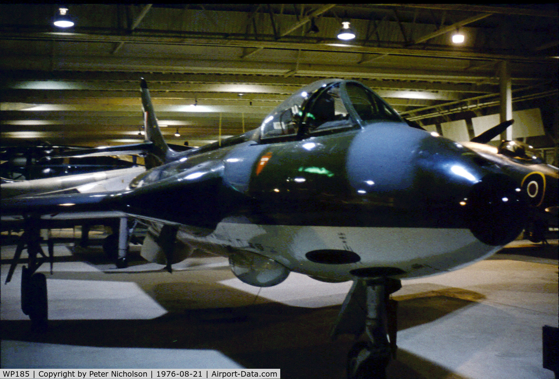 WP185, 1955 Hawker Hunter F.5 C/N S4/U/3036, Hunter F.5 on display at the Royal Air Force Museum at Hendon in August 1976.