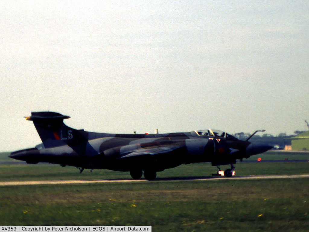 XV353, 1967 Hawker Siddeley Buccaneer S.2B C/N B3-03-67, Buccaneer S.2B of 208 Squadron taxying to the active runway at RAF Lossiemouth in the Summer of 1984.