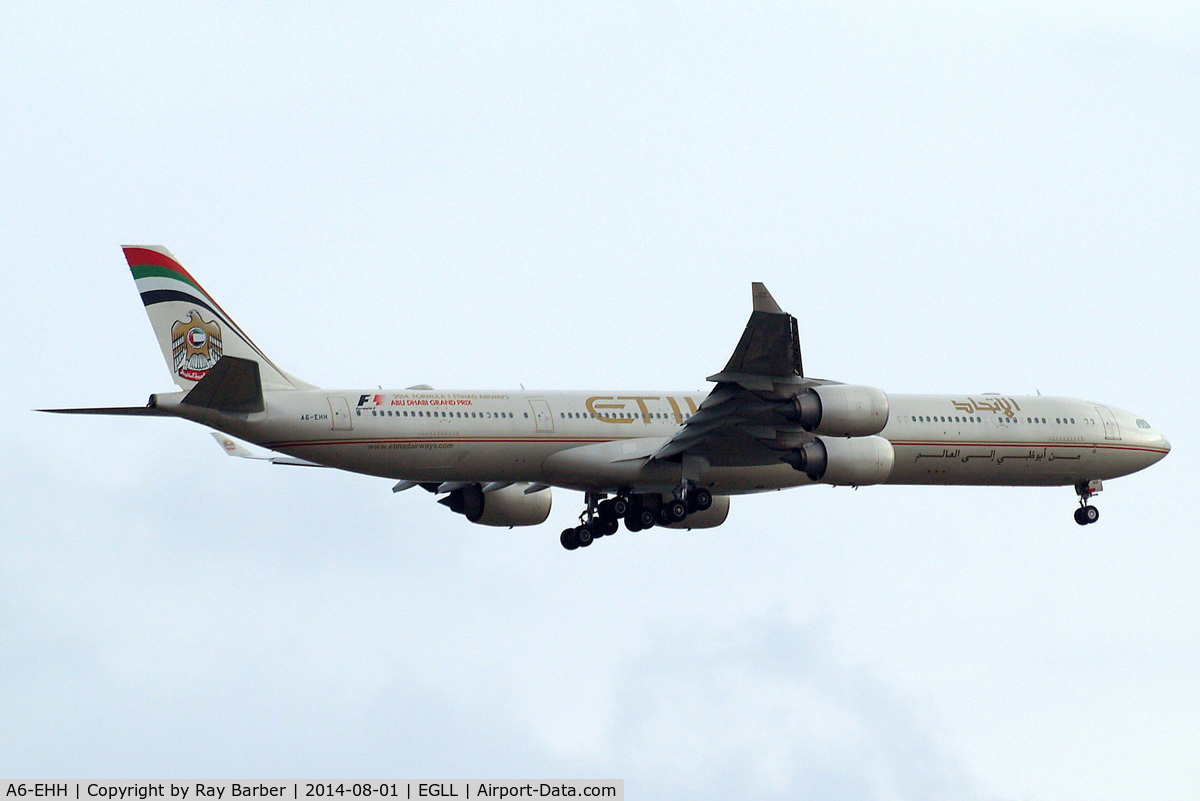 A6-EHH, 2007 Airbus A340-642X C/N 870, Airbus A340-642 [870] (Etihad Airways) Home~G 01/08/2014. On approach 27L. Wears 