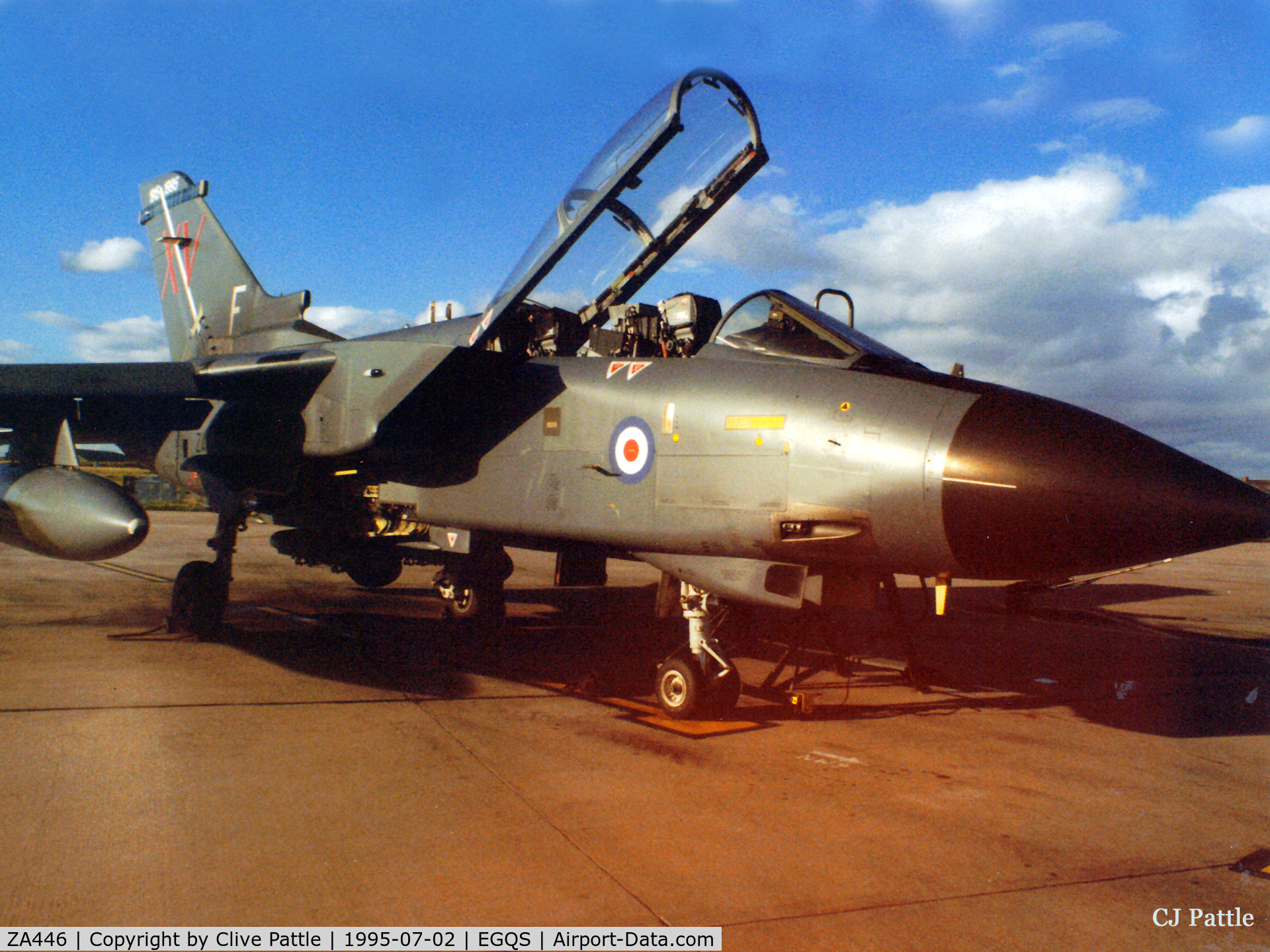 ZA446, 1983 Panavia Tornado GR.1 C/N 234/BS076/3112, Scanned from print, ZA446 in Special Anniversary Markings and marked as Coded F with 15 R Sqn RAF.  This aircraft was then the current 'MacRobert's Reply' (please google for full explanation).