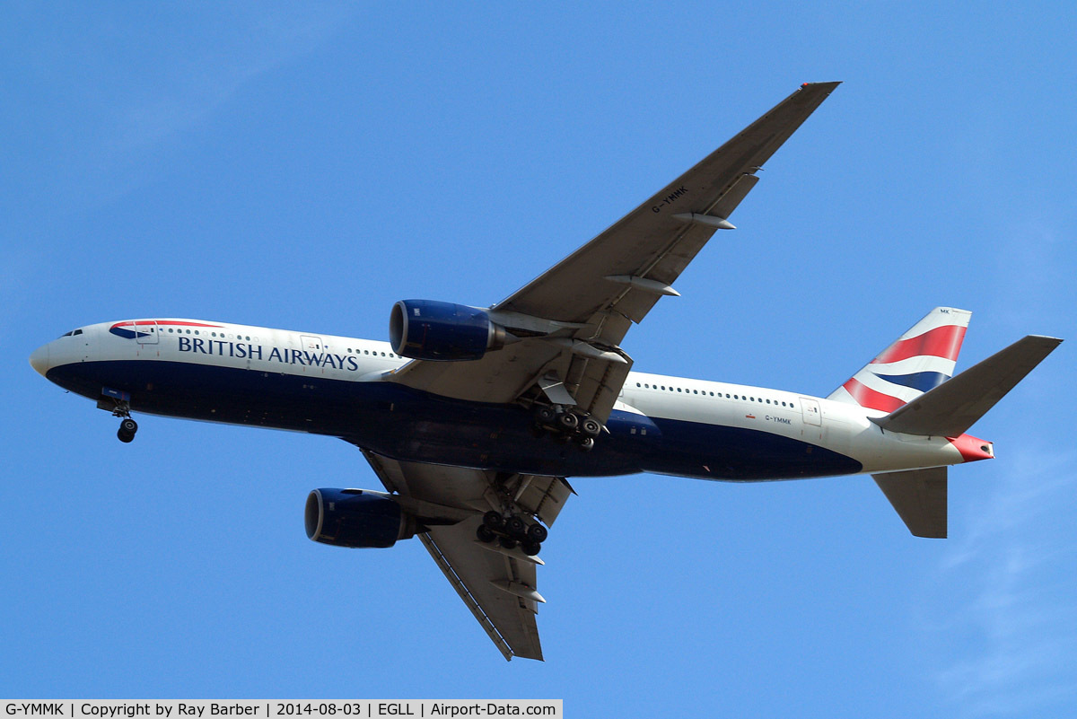 G-YMMK, 2000 Boeing 777-236 C/N 30312, Boeing 777-236ER [30312] (British Airways) Home~G 03/08/2014. On approach 27R.