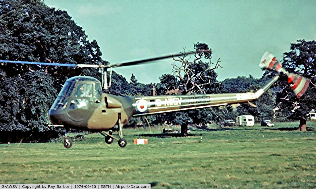 G-AWSV, 1959 Saunders-Roe Skeeter AOP.12 C/N S2/5107, Saunders Roe Skeeter AOP.12 [S2/5107] (Maj. M Somerton-Rayner) Old Warden~G 30/06/1974. From a slide.