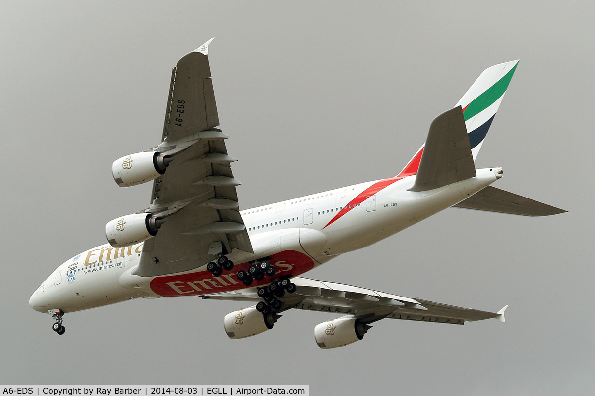 A6-EDS, 2011 Airbus A380-861 C/N 086, Airbus A380-861 [086] (Emirates Airlines) Home~G 03/08/2014. On approach 27R.
